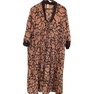 Neem Living Eleanor Robe Duster Topper XS S Silk Cotton Brown Floral Boho Dress